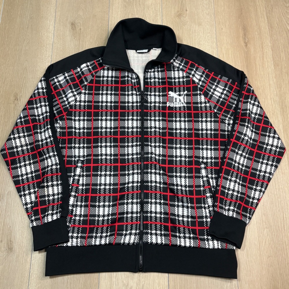 Puma T7 Track 68 Mens Large Plaid Funnel Neck Full Zip Track Jacket Black Red